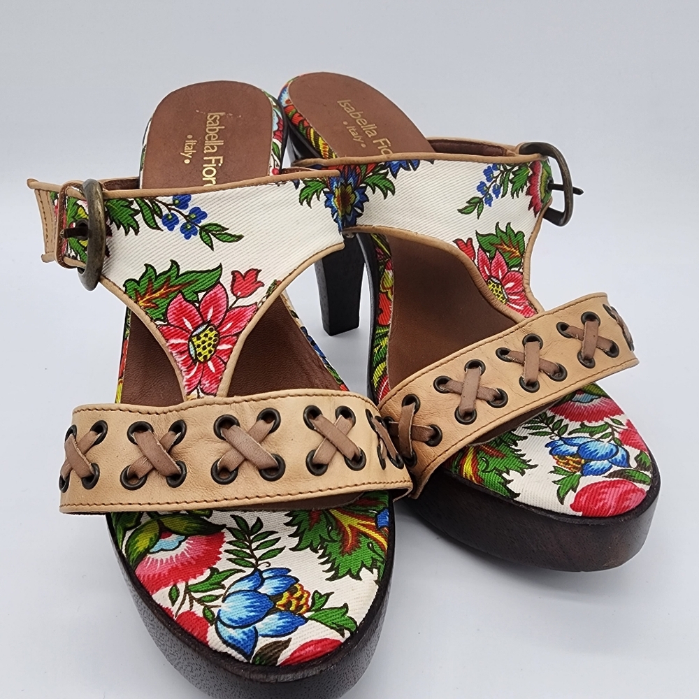 Isabella Fiore Italy Floral Wooden Platform Heel Clogs Sandals Size 5.5 - Picture 9 of 14